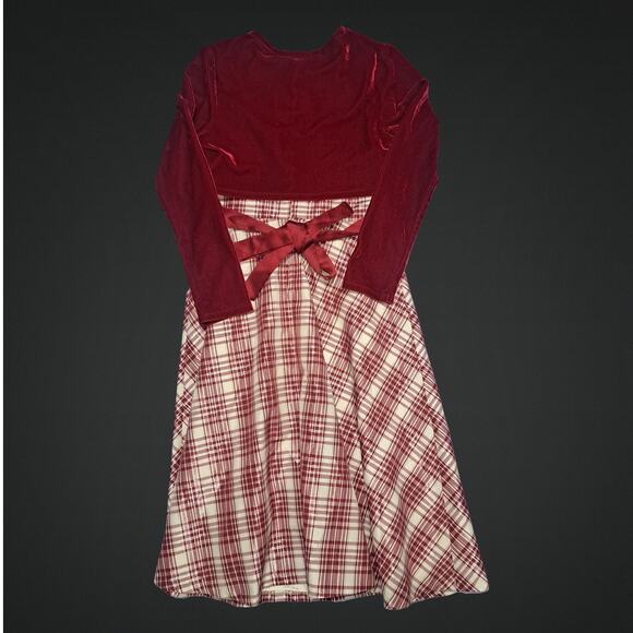 Bonnie Jean Red Ivory & Metallic Bow Front Plaid Dress with Cardigan Size 12 - Picture 3 of 14